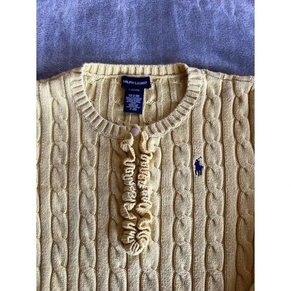 Ralph Lauren Yellow Cable Knit Sweater Size L Youth 1/4 Button EUC Ruffle Preppy